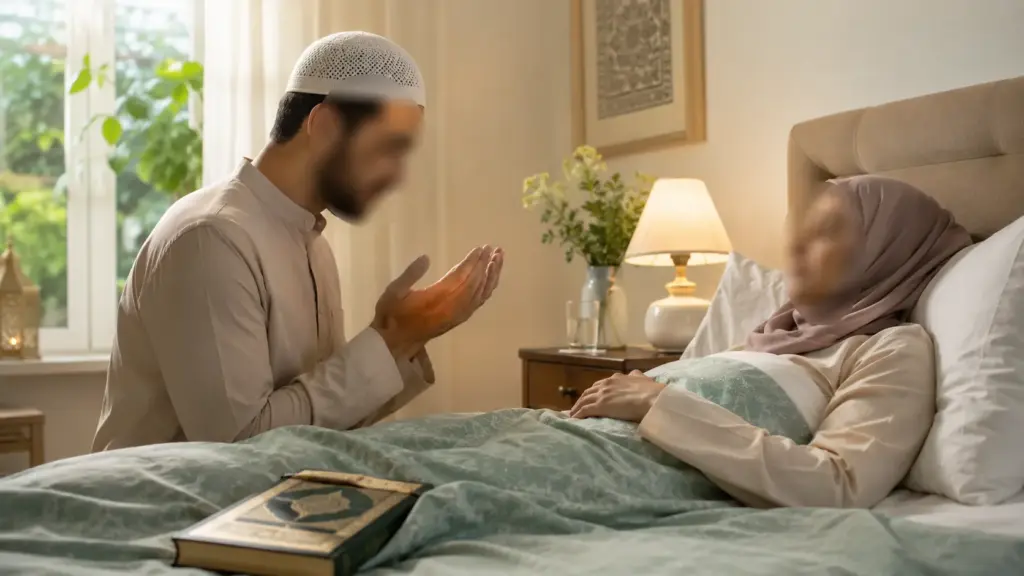 Homme faisant une doua pour une femme malade en islam
