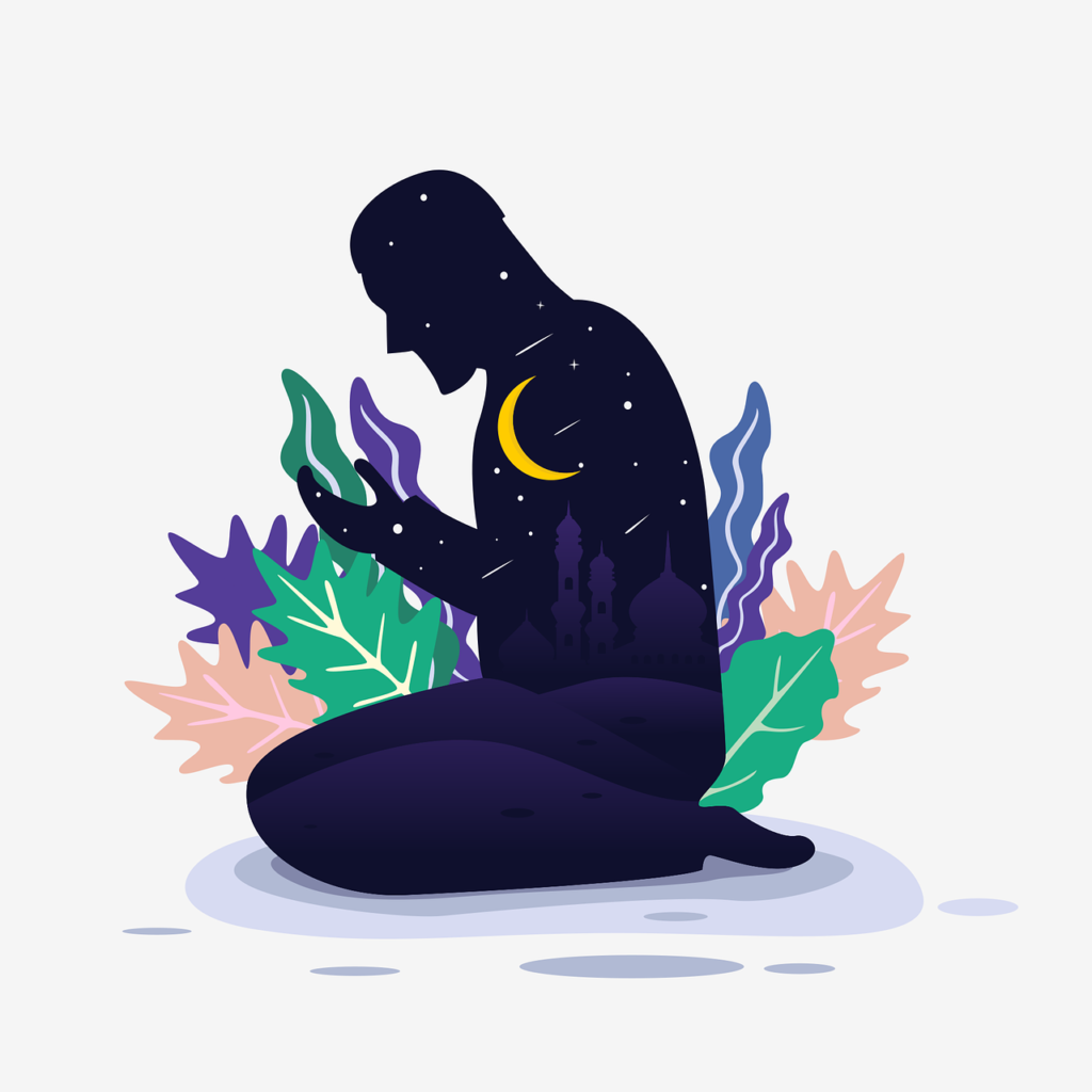 Illustration d’une personne en prière demandant pardon à Allah