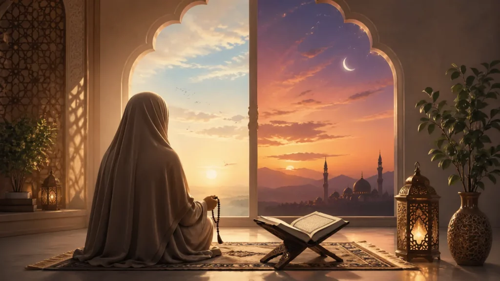Personne récitant les adhkar du matin après la prière, un livre de invocations islamiques ouvert devant elle à l'aube