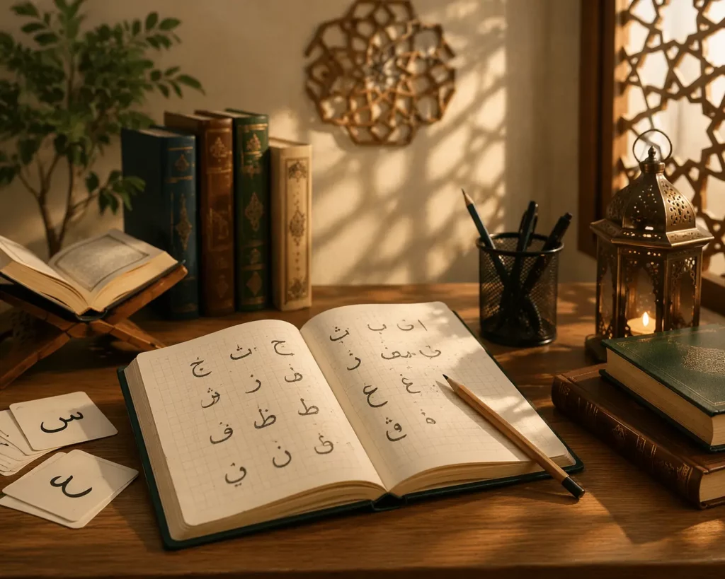 Cahier d’apprentissage de l’arabe, alphabet arabe et matériel d’étude posés sur un bureau dans une ambiance calme et lumineuse.
