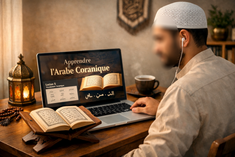 Étudiant musulman apprenant l’arabe coranique en ligne pour améliorer sa récitation du Coran et en comprendre le sens