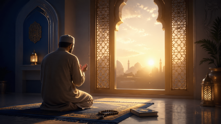 Homme musulman en prière récitant une invocation pour le pardon, mains ouvertes vers le ciel dans une posture de supplication sincère