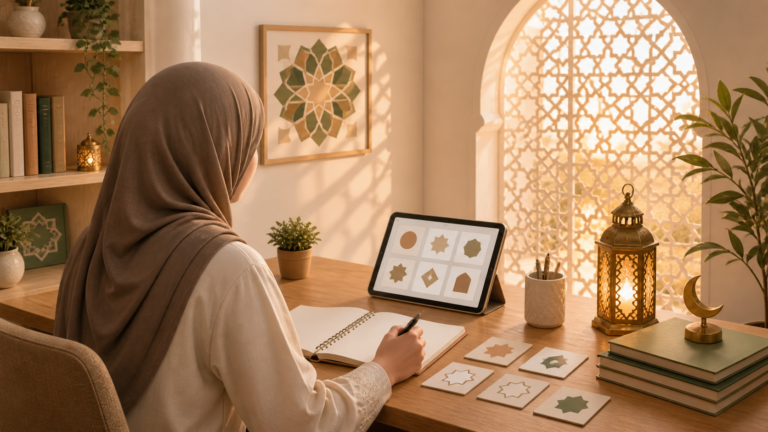Personne débutante écrivant les lettres de l'alphabet arabe à la main dans un cahier, représentant l'apprentissage de l'arabe pour les débutants