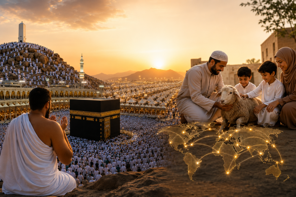 Pèlerins en tenue blanche de ihram rassemblés à La Mecque lors du Hajj, symbolisant le lien spirituel avec l'Aïd al-Kébir