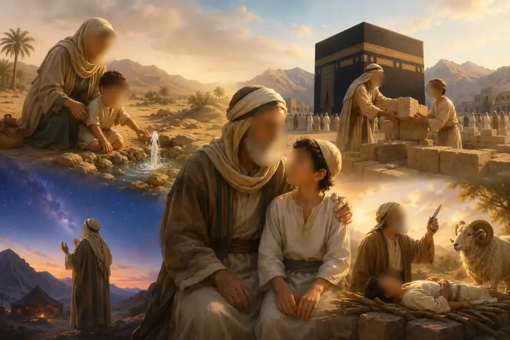 Parent lisant un livre illustré sur le prophète Ibrahim à son enfant, pour lui transmettre l'histoire coranique d'Ibrahim et Ismaïl