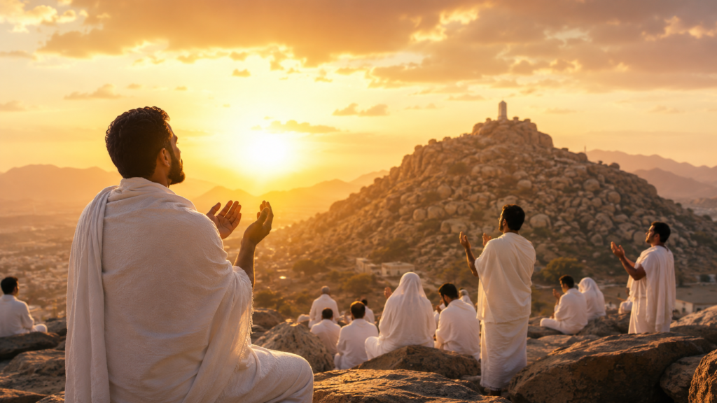 Des milliers de pèlerins musulmans rassemblés sur la plaine d'Arafat lors du Hajj pour la station du wuquf, le 9 Dhul Hijja
