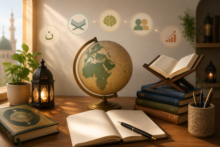 Adulte francophone étudiant l'arabe coranique avec un manuel et un cahier d'exercices, illustrant le temps nécessaire pour apprendre l'arabe