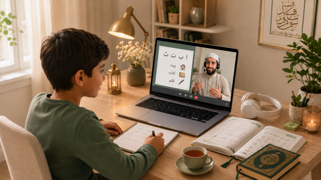 Un étudiant adulte suit un cours particulier d'arabe en ligne avec son professeur natif sur son ordinateur, dans un cadre calme à domicile