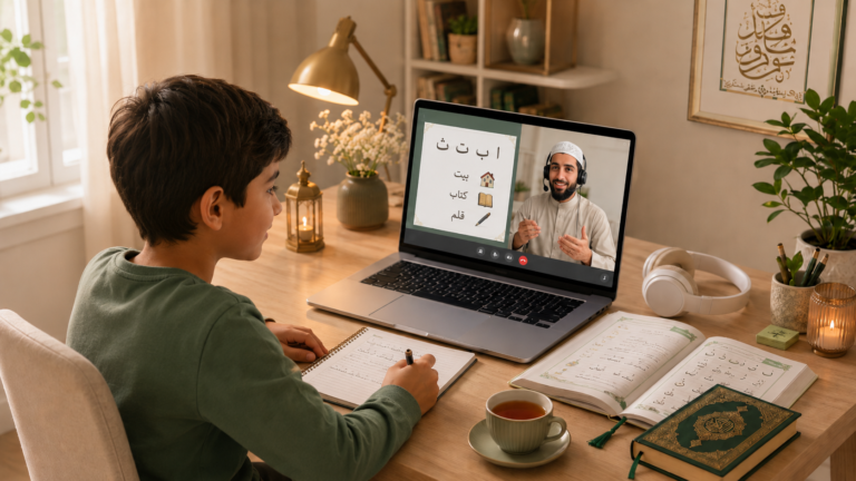 Un étudiant adulte suit un cours particulier d'arabe en ligne avec son professeur natif sur son ordinateur, dans un cadre calme à domicile