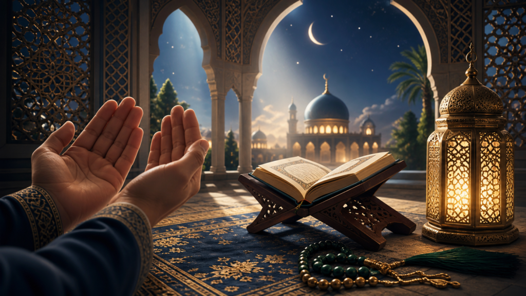 Coran ouvert sur une page de versets avec des mains en supplication, symbolisant les invocations coraniques des prophètes de l'islam