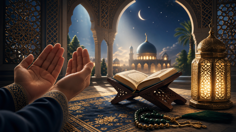 Coran ouvert sur une page de versets avec des mains en supplication, symbolisant les invocations coraniques des prophètes de l'islam