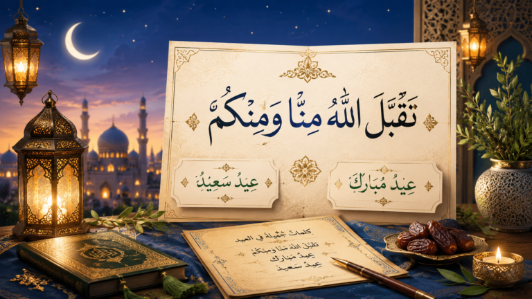 Calligraphie arabe élégante de la formule "Taqabbal Allahu minna wa minkum — Aïd Mubarak" sur fond décoratif islamique doré