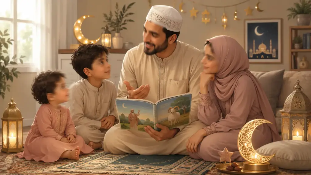 Parent et enfant lisant ensemble un livre illustré sur les prophètes, pour comprendre le sens de l'Aïd al-Kébir