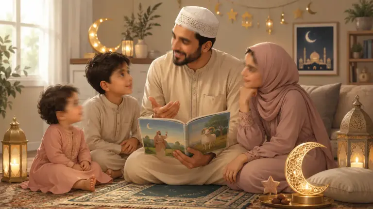 Parent et enfant lisant ensemble un livre illustré sur les prophètes, pour comprendre le sens de l'Aïd al-Kébir