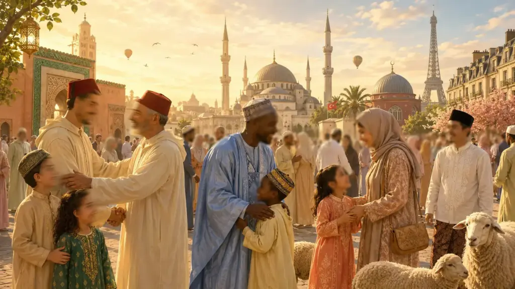 Fidèles musulmans rassemblés pour la prière de l'Aïd al-Kébir au lever du soleil, hommes en tenue traditionnelle dans une grande mosquée