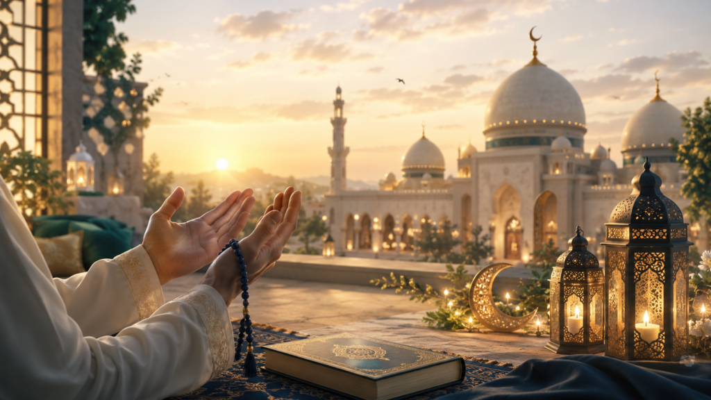 Mains jointes en signe de supplication lors de la prière de l'Aïd, symbolisant les douaa récités le jour de la fête islamique