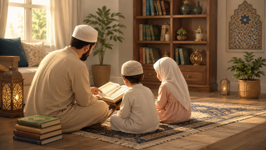 Un père musulman assis avec ses jeunes enfants, lisant ensemble un livre du Coran ouvert sur la table du salon