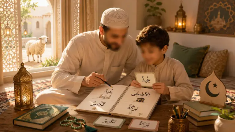 Tableau pédagogique illustrant le vocabulaire arabe essentiel de l'Aïd al-Kébir — Udhiyya, Takbir, Baraka, Dhabh — avec leur écriture arabe et leur traduction française