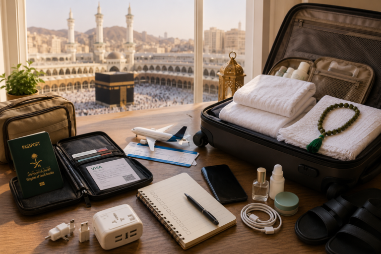 Pèlerin préparant ses documents, ses bagages, ses vêtements d’Ihram et ses essentiels avant un voyage de Omra