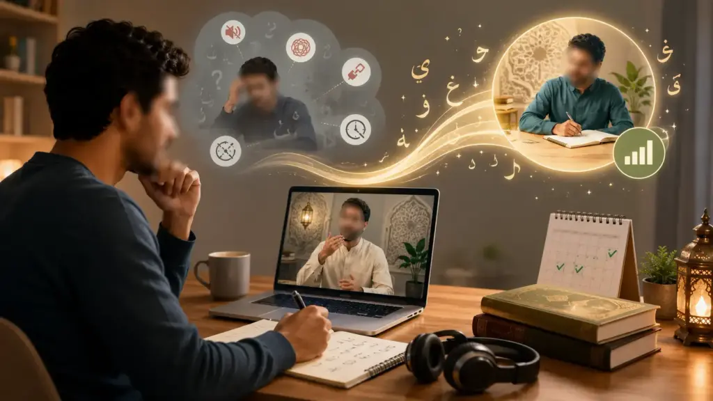 Une personne apprenant l'arabe en ligne sur un ordinateur portable, avec des lettres arabes et un Coran posé sur le bureau