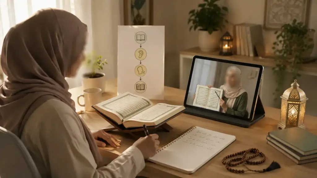 Personne adulte apprenant à lire le Coran avec un Mushaf ouvert et des notes de cours, illustration de l'apprentissage de la récitation pour débutants francophones