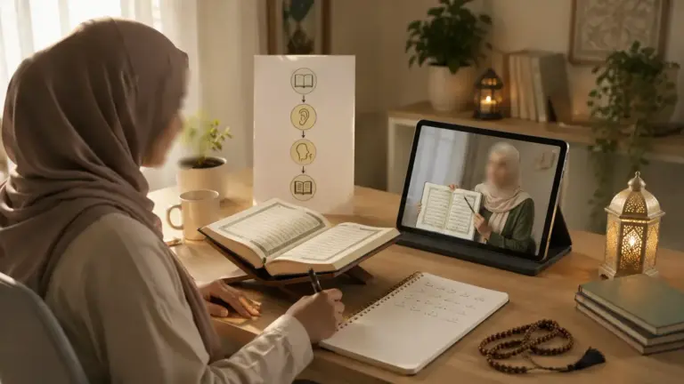 Personne adulte apprenant à lire le Coran avec un Mushaf ouvert et des notes de cours, illustration de l'apprentissage de la récitation pour débutants francophones